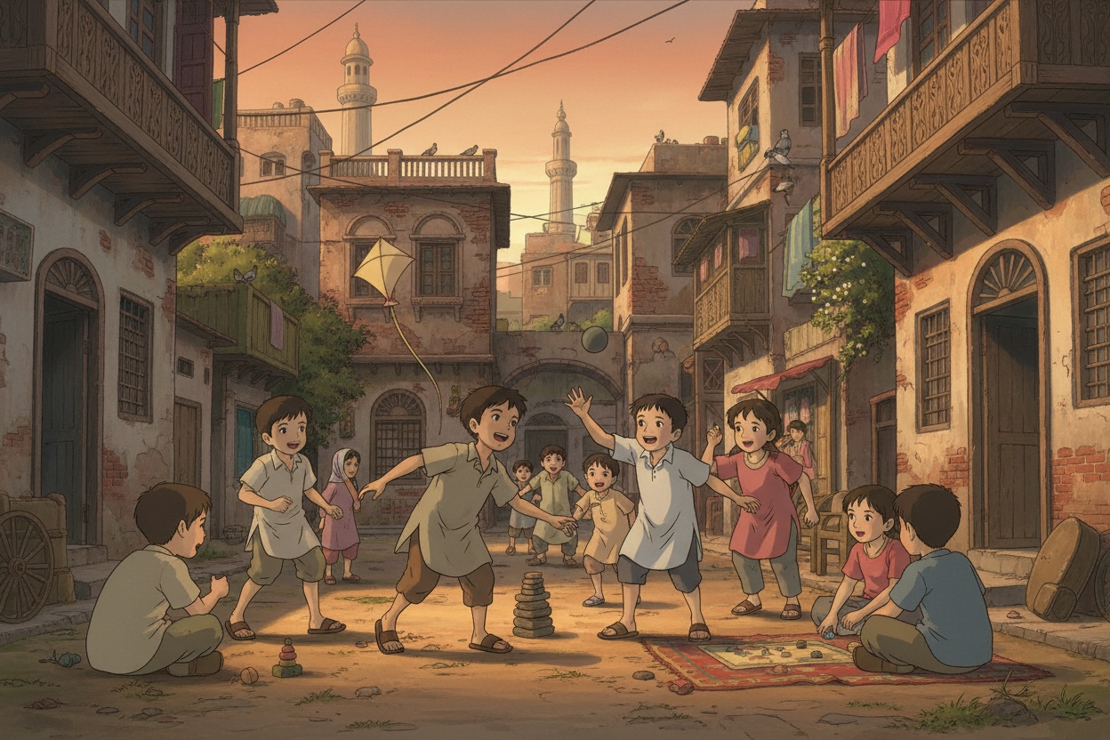 Create a image with gibli style. where 90s kids playing in after noon. kids are from pakistan middle class family
