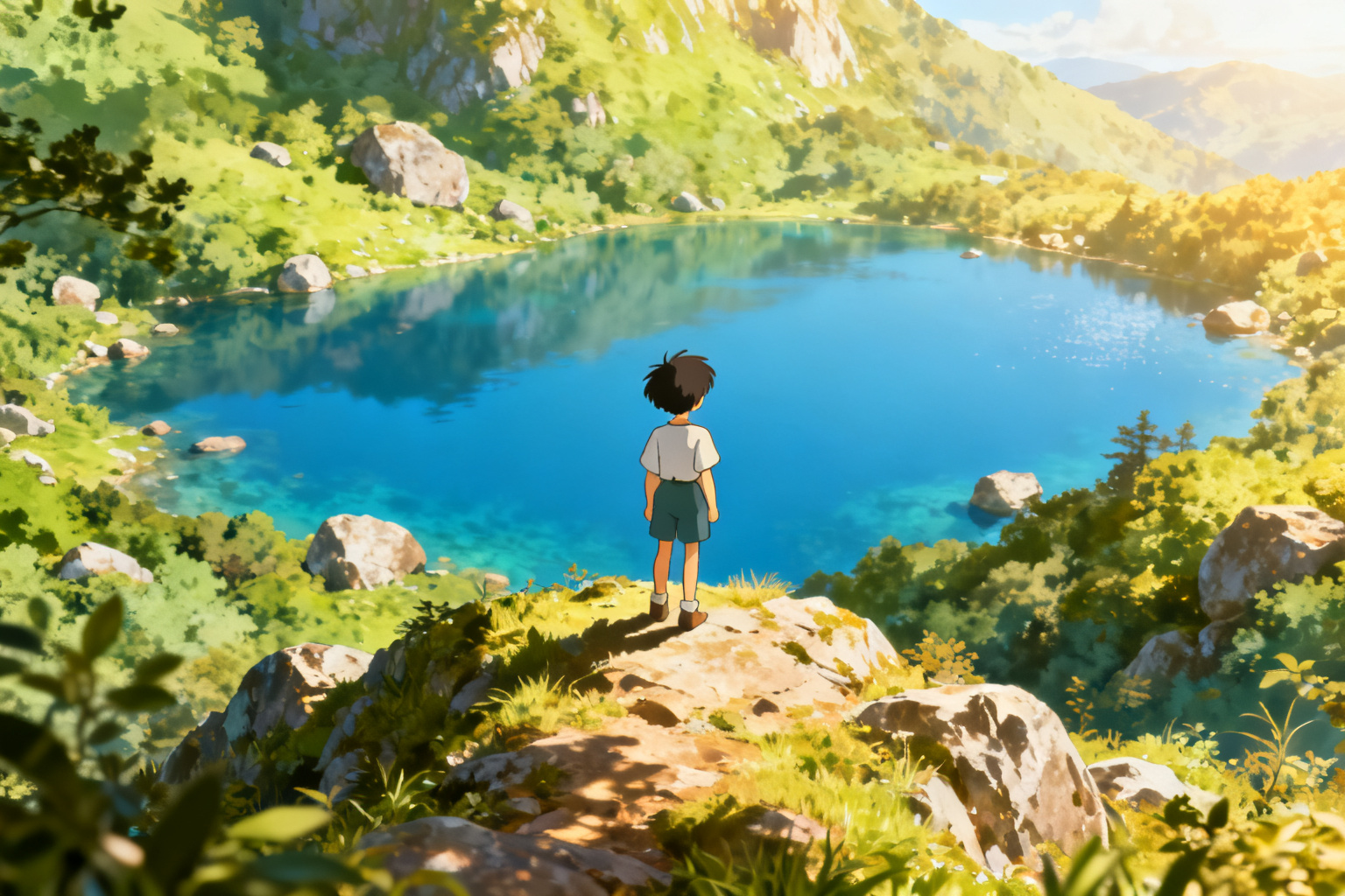 create a image where a child is standing on the top of the mountains and in sunny day and camera angle is from the back of the boy and a beatuful lake he is looking at. overall greenery arrdound him and some rocks. generate in ghibli style.
