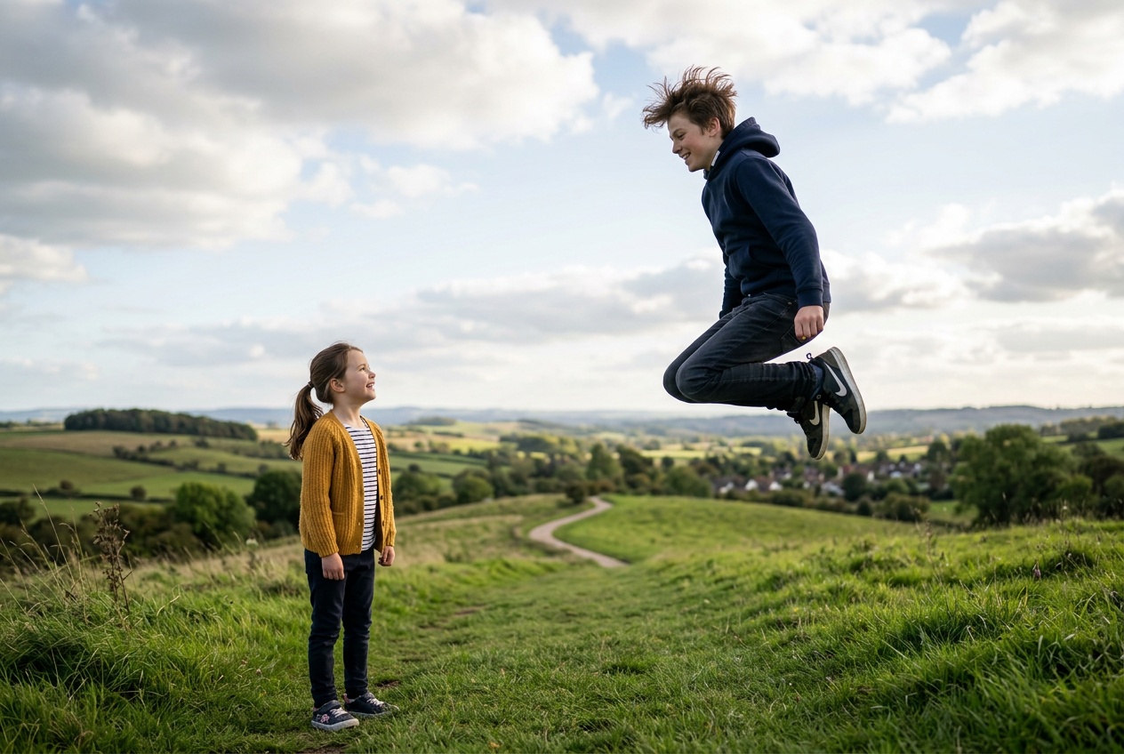 Create a girl image watching a boy jumping